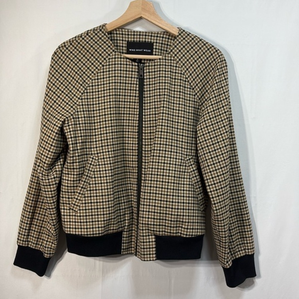 🎸 who what wear camel and black plaid collarless bomber jacket: